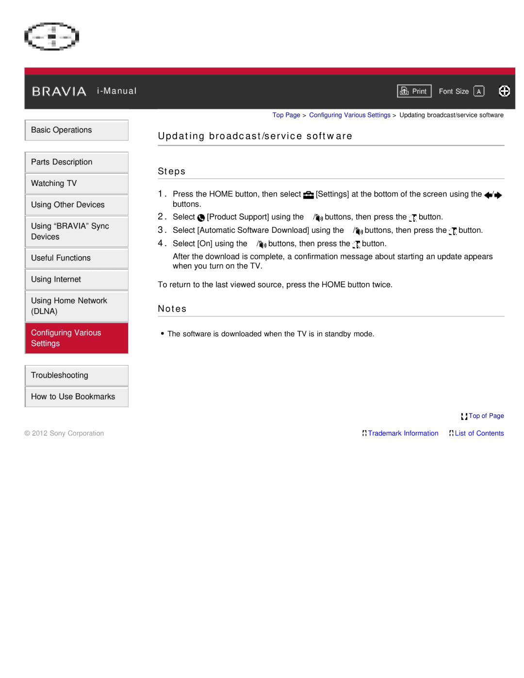 Sony KDL-46HX850, KDL-55HX850 manual Updating broadcast/service software 