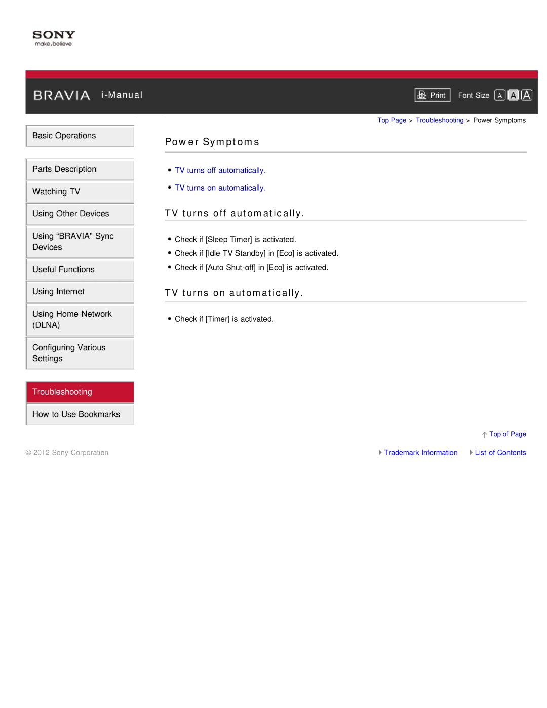 Sony KDL-46HX850, KDL-55HX850 manual Power Symptoms, TV turns off automatically, TV turns on automatically 