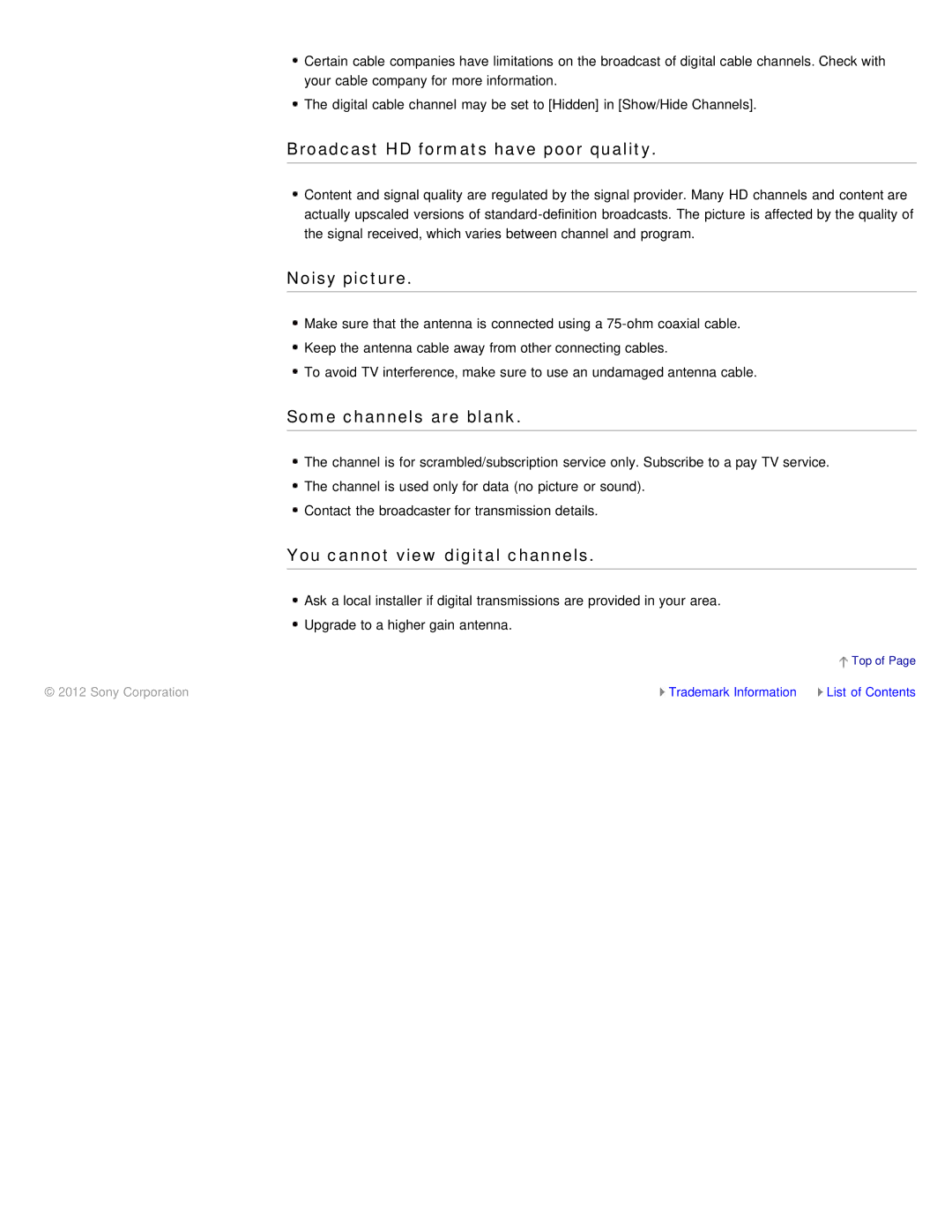 Sony KDL-55HX850, KDL-46HX850 manual Broadcast HD formats have poor quality, Noisy picture, Some channels are blank 