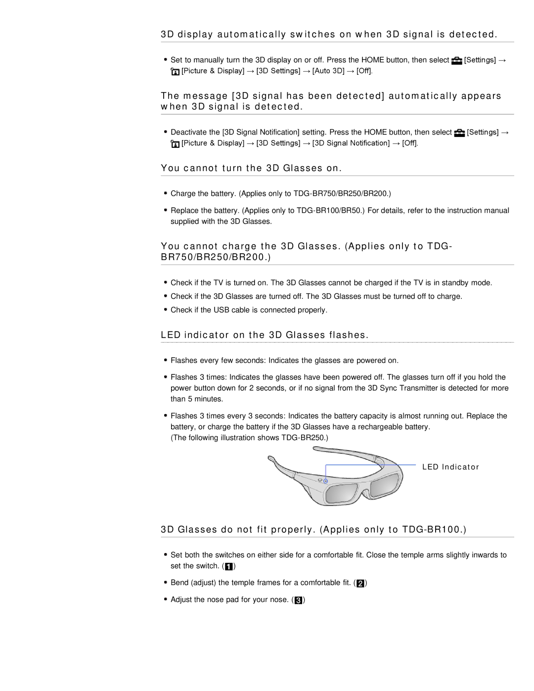 Sony KDL-55HX850, KDL-46HX850 You cannot turn the 3D Glasses on, LED indicator on the 3D Glasses flashes, LED Indicator 