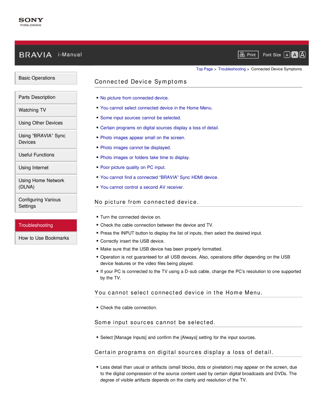 Sony KDL-46HX850 manual Connected Device Symptoms, No picture from connected device, Some input sources cannot be selected 