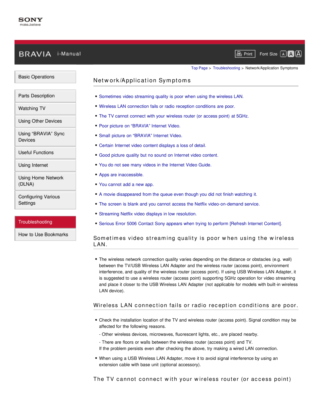 Sony KDL-46HX850, KDL-55HX850 Network/Application Symptoms, TV cannot connect with your wireless router or access point 