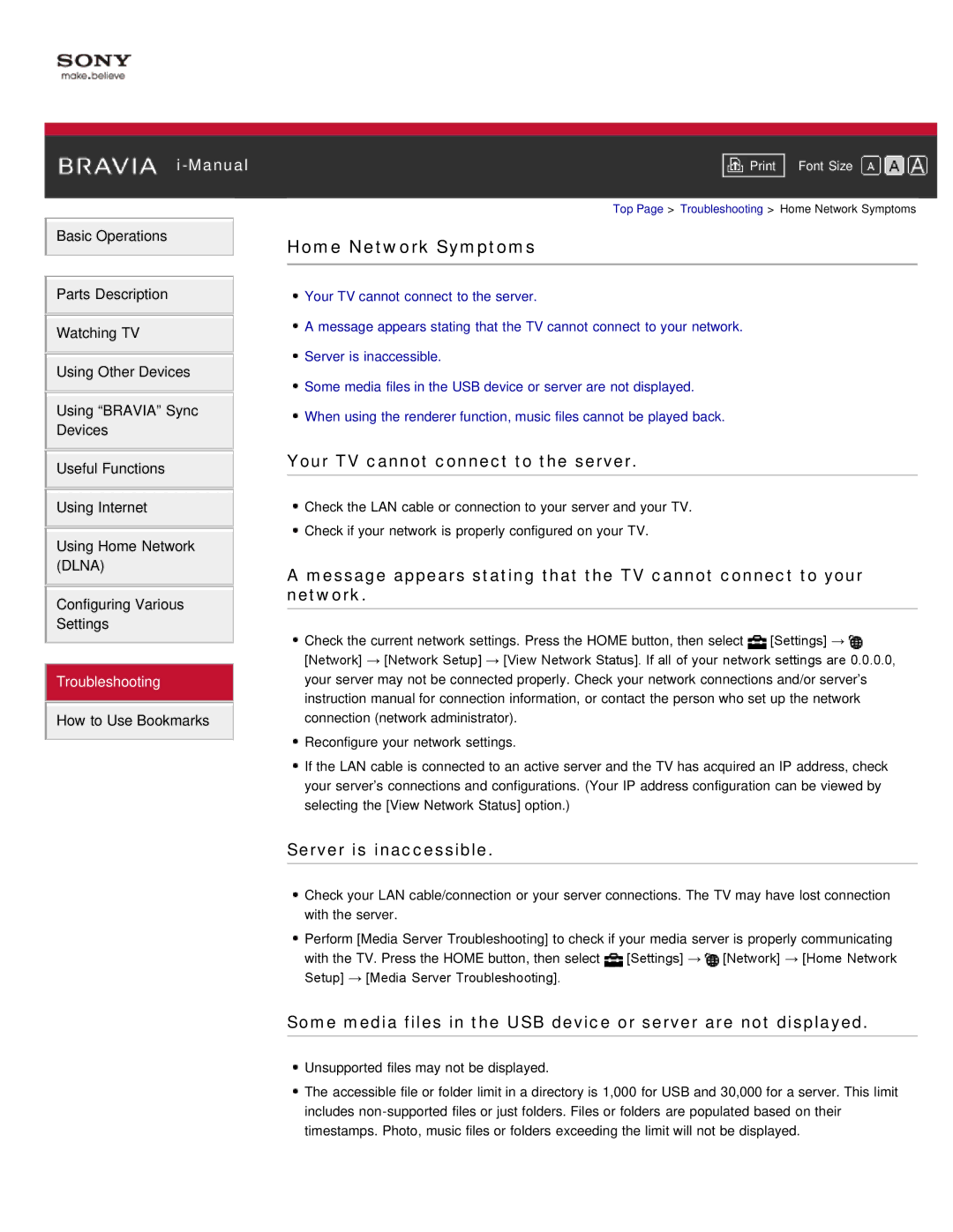 Sony KDL-55HX850, KDL-46HX850 manual Home Network Symptoms, Your TV cannot connect to the server, Server is inaccessible 