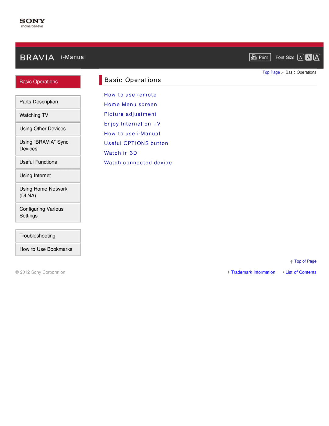 Sony KDL-46HX850, KDL-55HX850 manual Basic Operations 