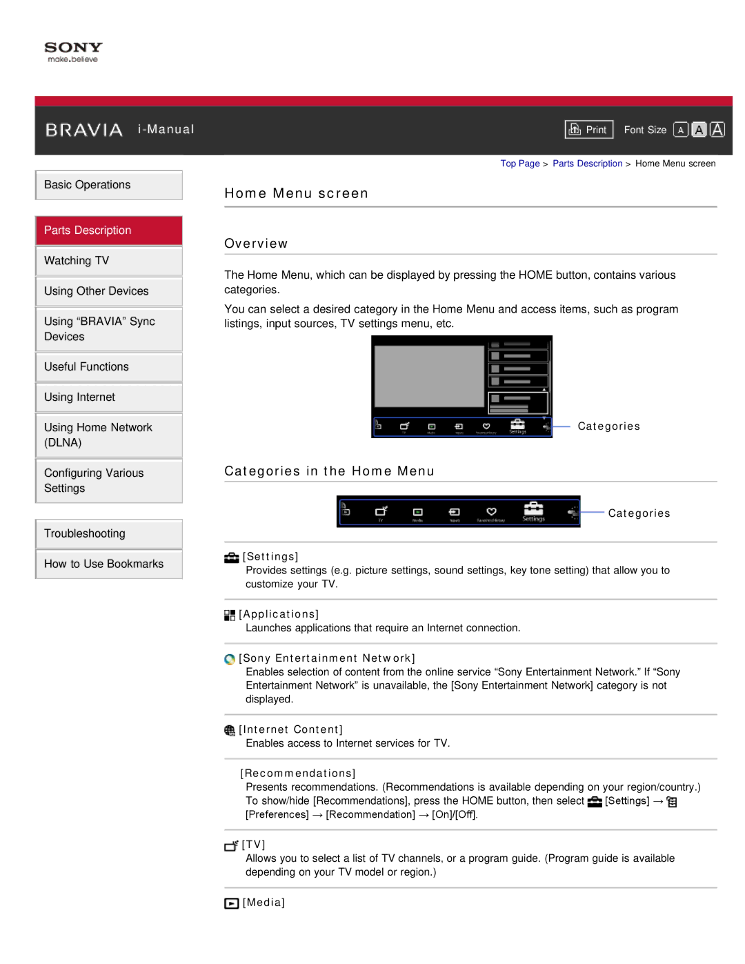 Sony KDL-46HX850, KDL-55HX850 manual Home Menu screen, Overview, Categories in the Home Menu 