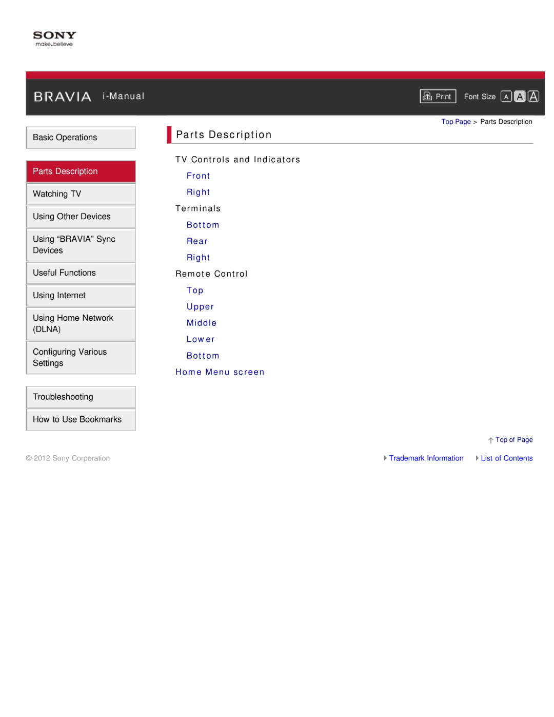 Sony KDL-55HX850, KDL-46HX850 manual Parts Description, TV Controls and Indicators, Terminals, Remote Control 