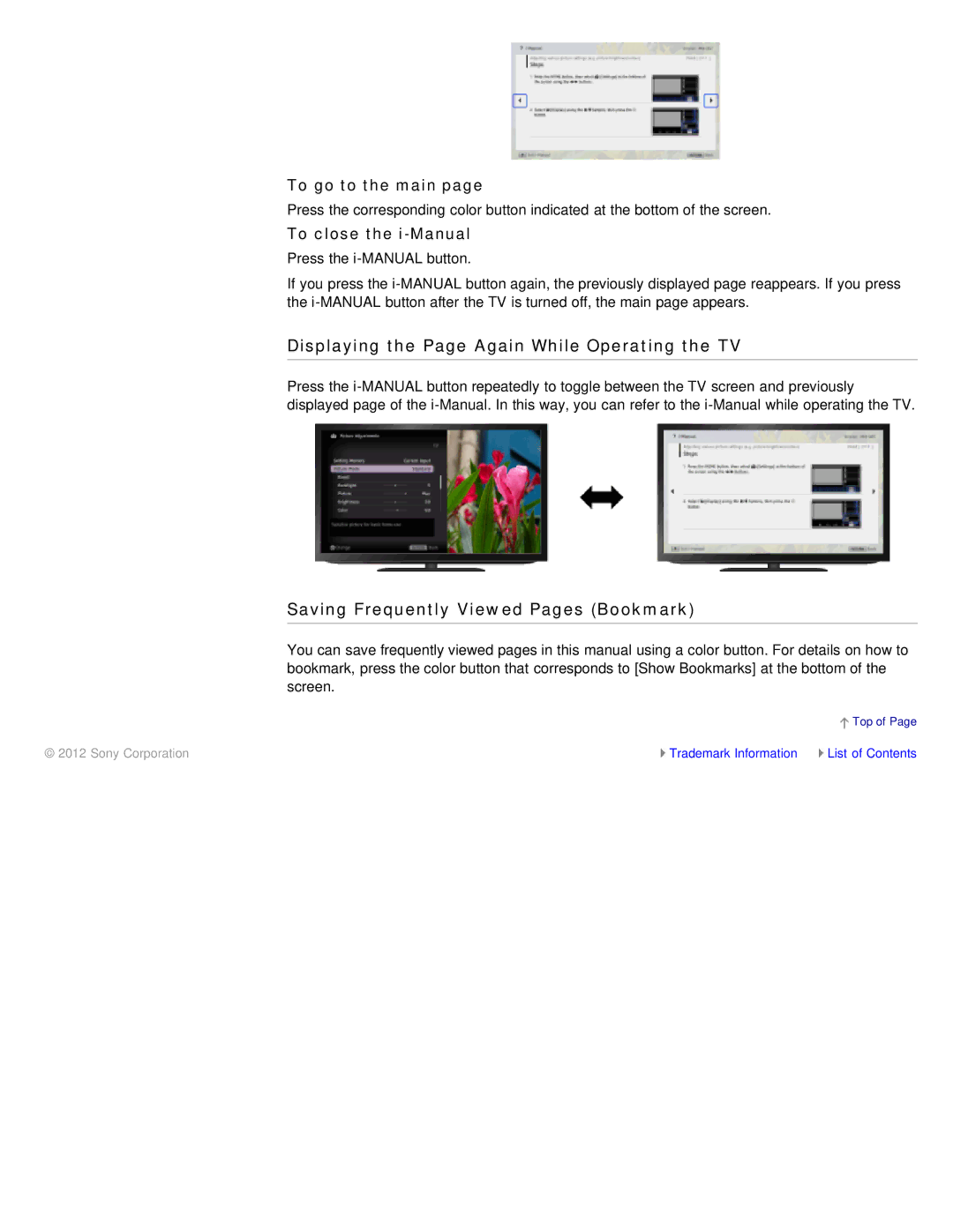 Sony KDL-46HX850, KDL-55HX850 Displaying the Page Again While Operating the TV, Saving Frequently Viewed Pages Bookmark 