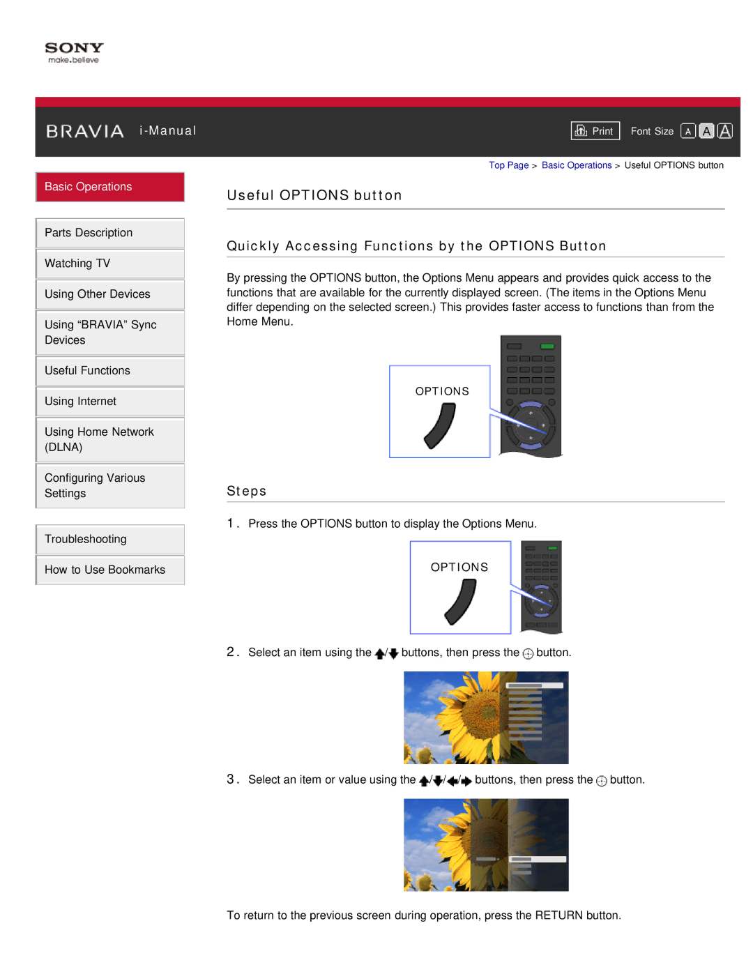 Sony KDL-55HX850, KDL-46HX850 manual Useful Options button, Quickly Accessing Functions by the Options Button 