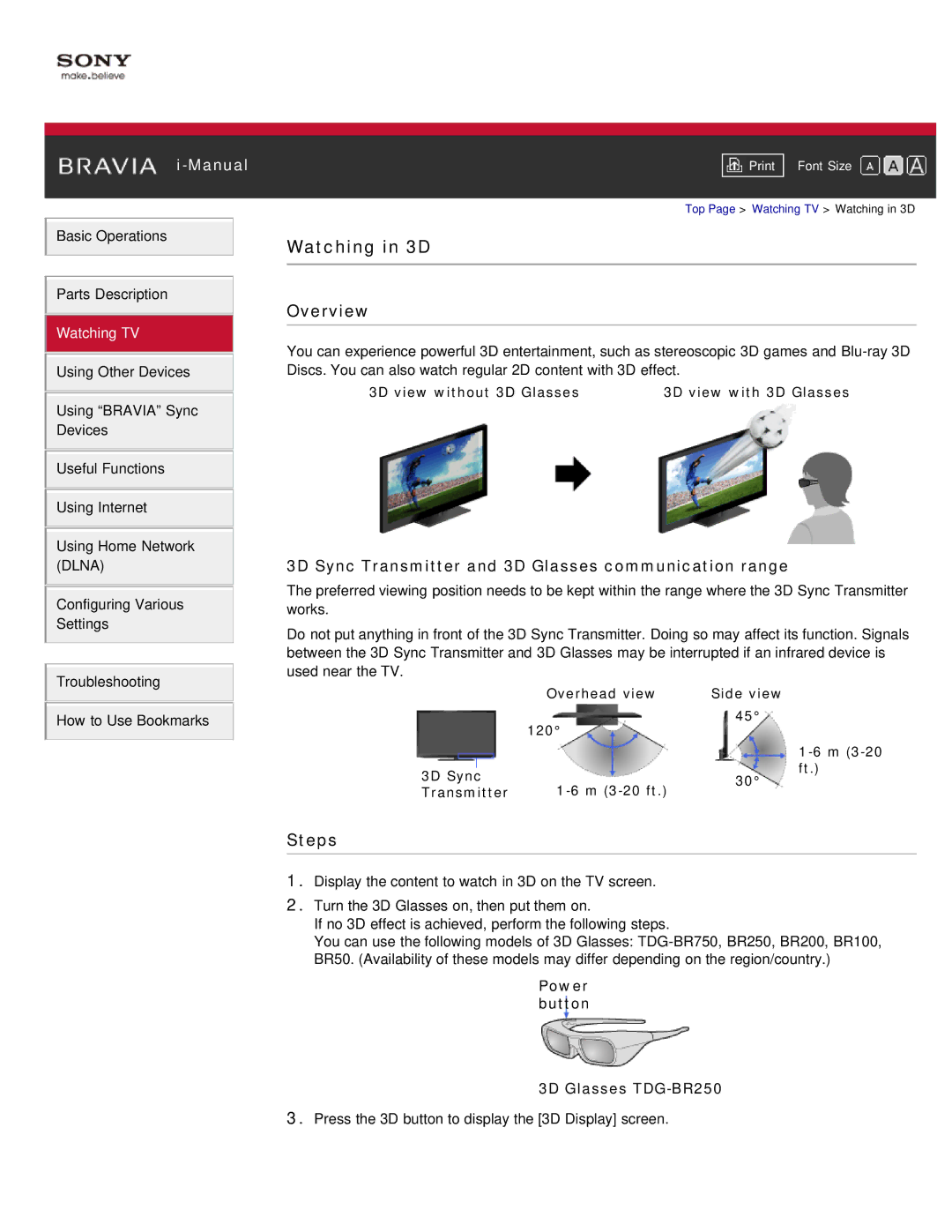 Sony KDL-55HX850, KDL-46HX850 manual Watching in 3D, 3D Sync Transmitter and 3D Glasses communication range 