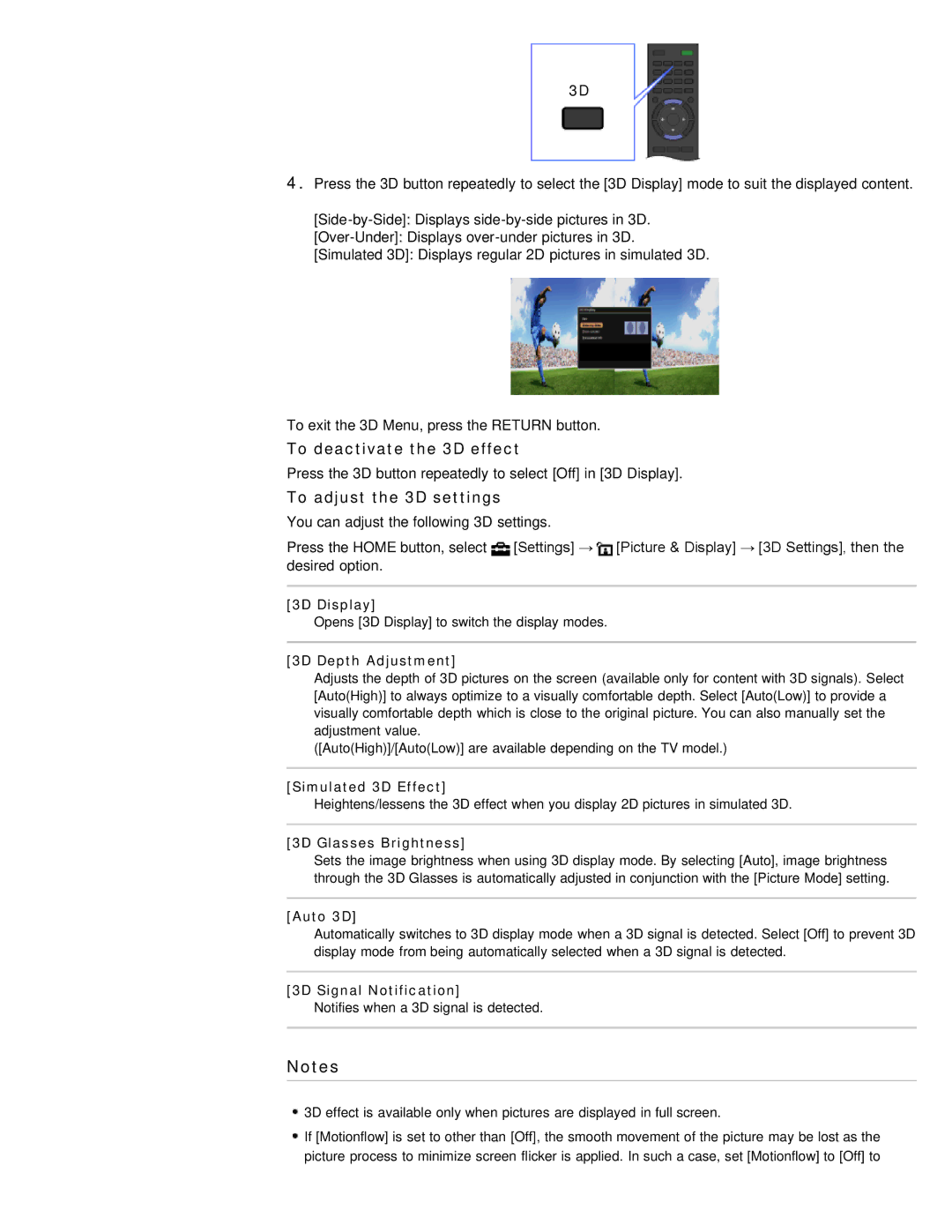 Sony KDL-46HX850, KDL-55HX850 manual To deactivate the 3D effect, To adjust the 3D settings 