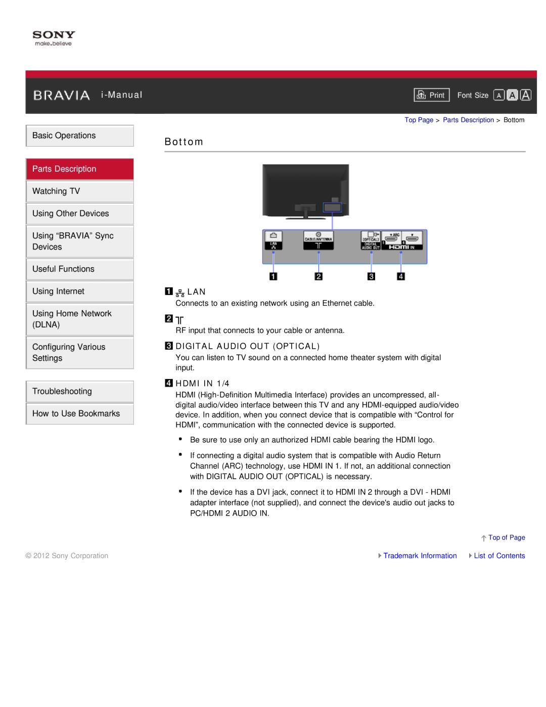 Sony KDL-55HX850, KDL-46HX850 manual Bottom, Lan, Hdmi in 1/4 