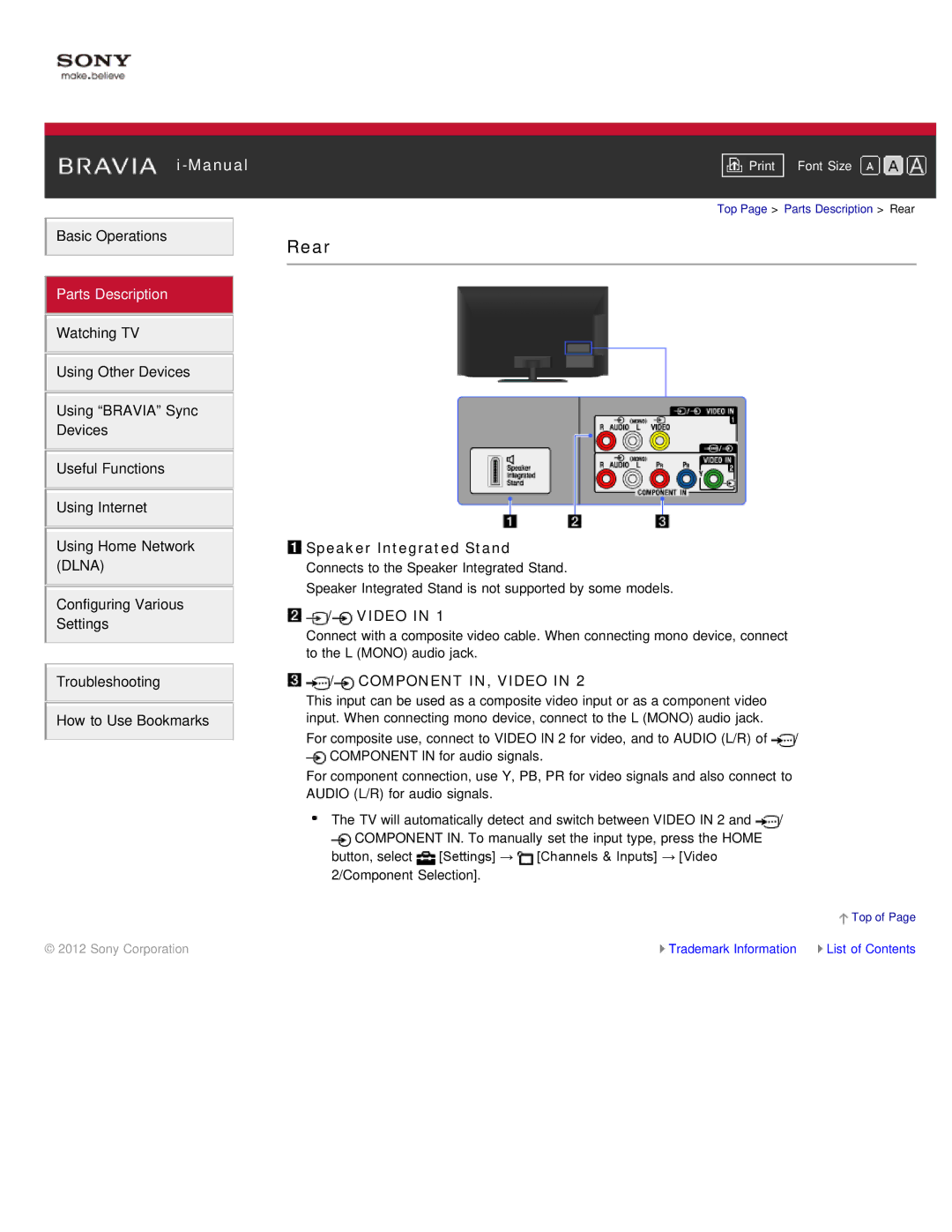 Sony KDL-46HX850, KDL-55HX850 manual Rear, Speaker Integrated Stand, Video 