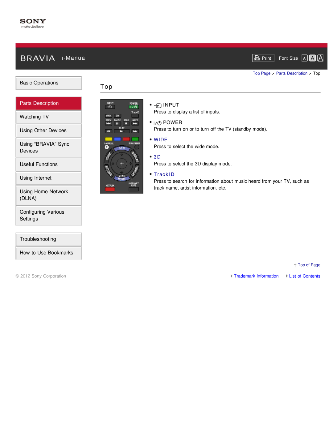 Sony KDL-55HX850, KDL-46HX850 manual Top, Wide 