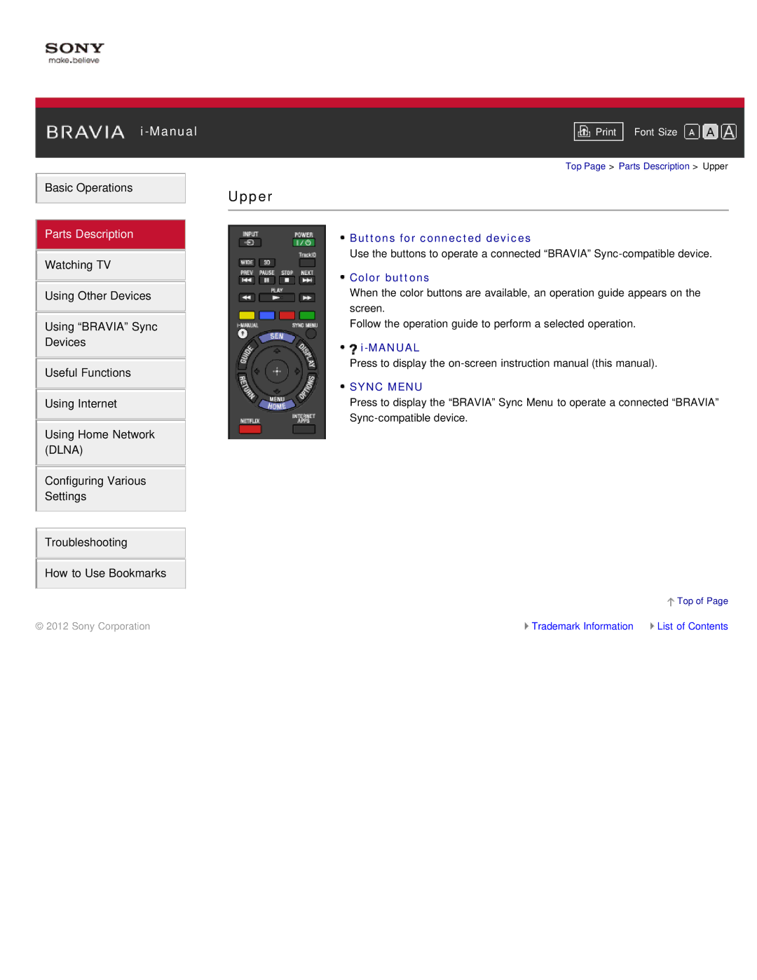 Sony KDL-46HX850, KDL-55HX850 manual Upper, Color buttons 