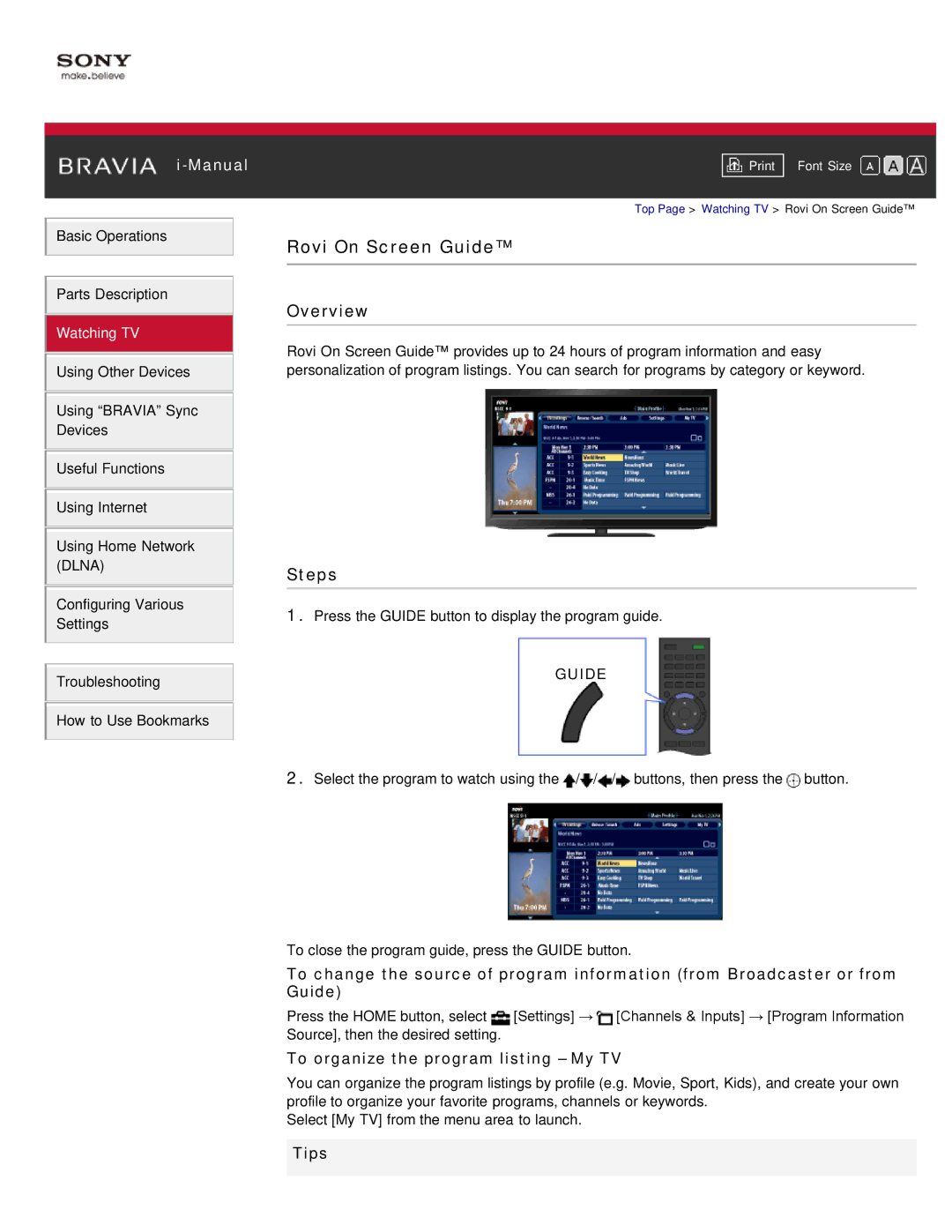 Sony KDL-46HX850, KDL-55HX850 manual Rovi On Screen Guide, To organize the program listing My TV 