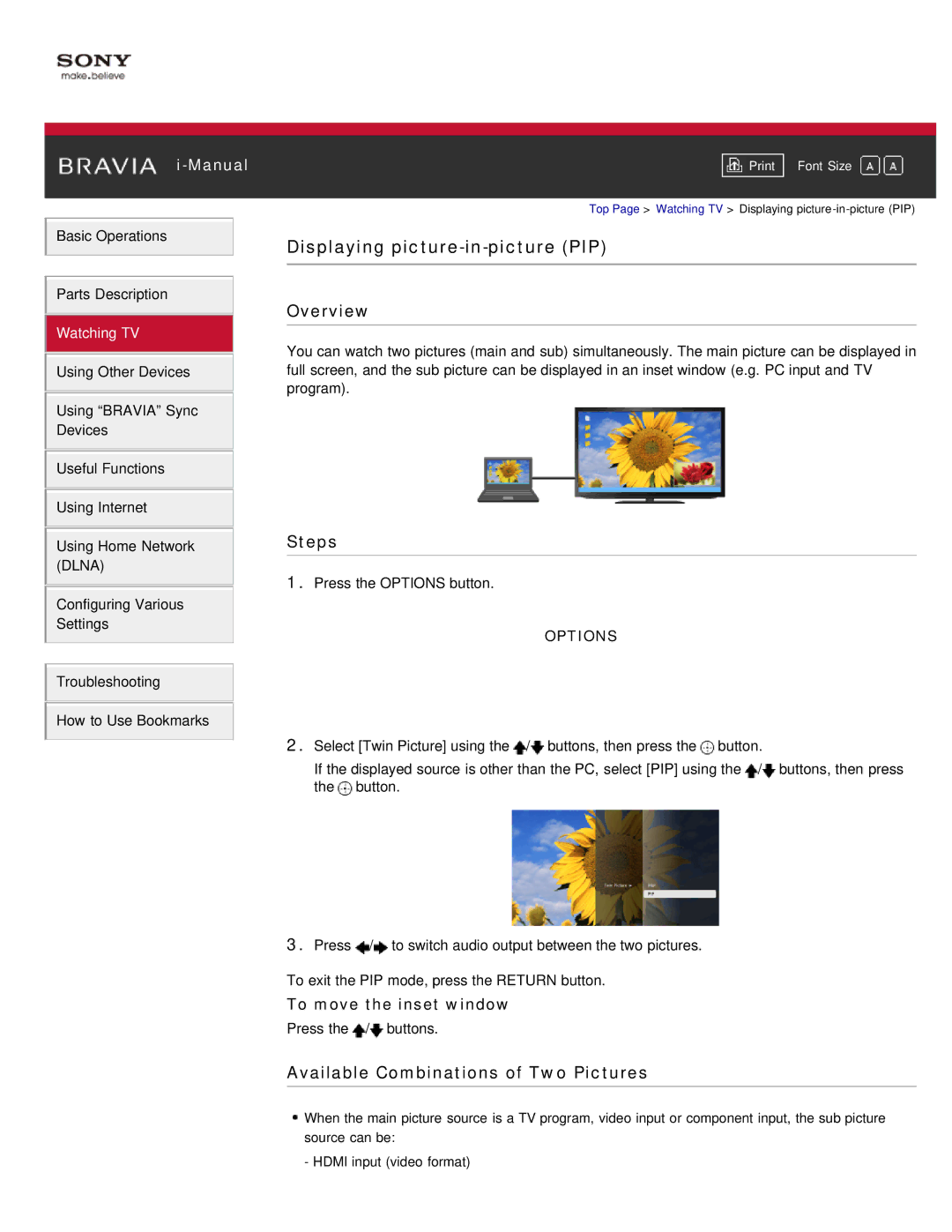 Sony KDL-55HX850 manual Displaying picture-in-picture PIP, Available Combinations of Two Pictures, To move the inset window 