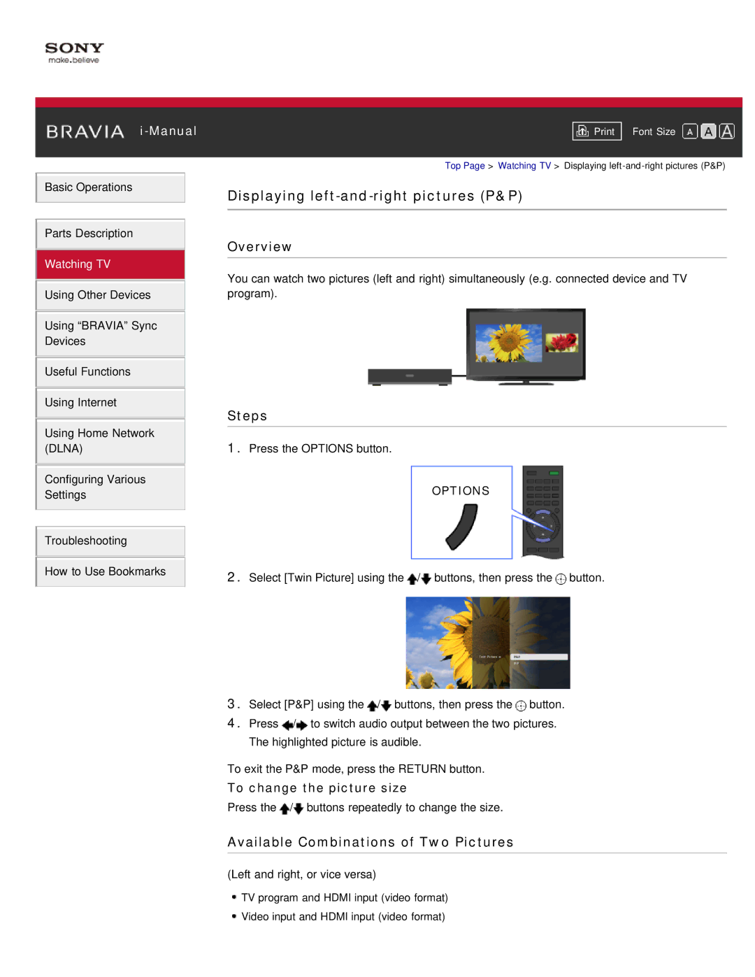 Sony KDL-55HX850, KDL-46HX850 manual Displaying left-and-right pictures P&P, To change the picture size 