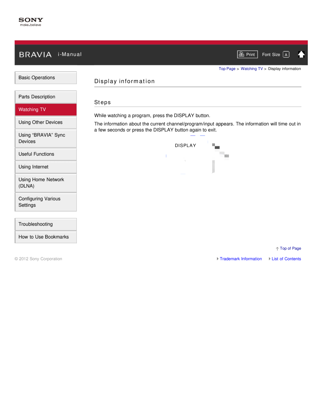 Sony KDL-55HX850, KDL-46HX850 manual Display information 