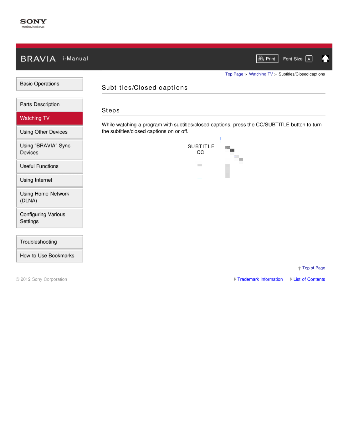 Sony KDL-46HX850, KDL-55HX850 manual Subtitles/Closed captions 