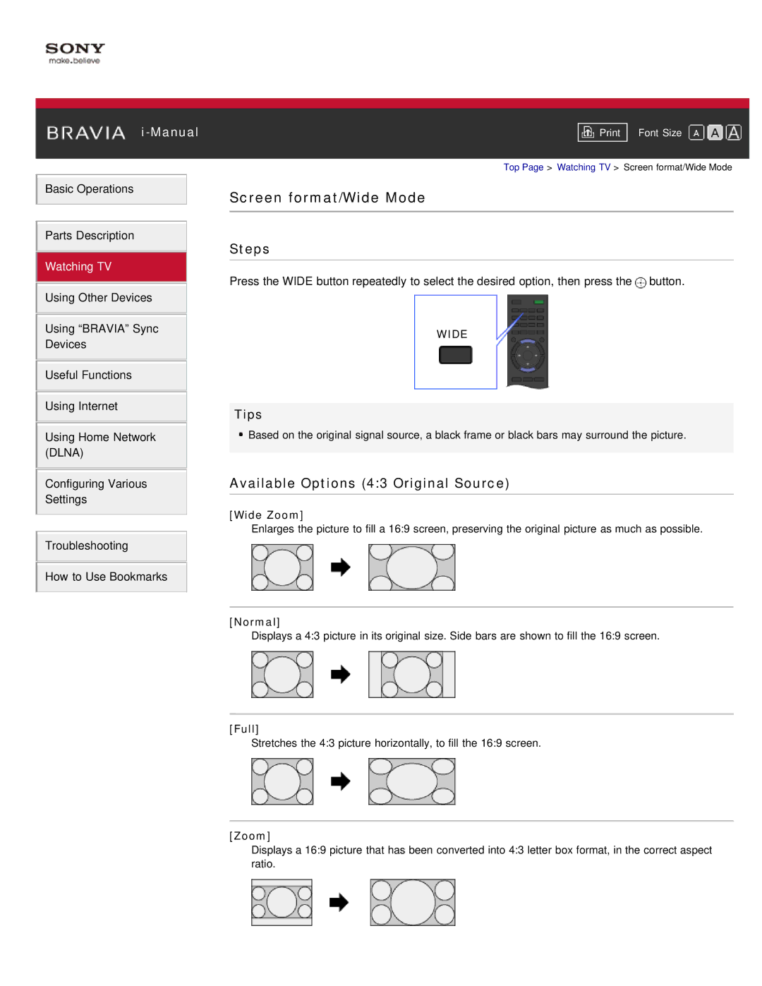 Sony KDL-55HX850, KDL-46HX850 manual Screen format/Wide Mode, Available Options 43 Original Source 