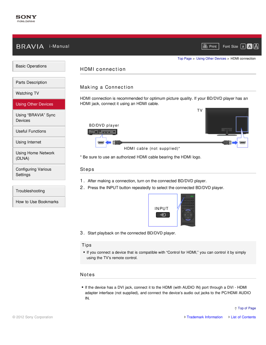 Sony KDL-55HX850, KDL-46HX850 manual Hdmi connection, Making a Connection, BD/DVD player Hdmi cable not supplied 