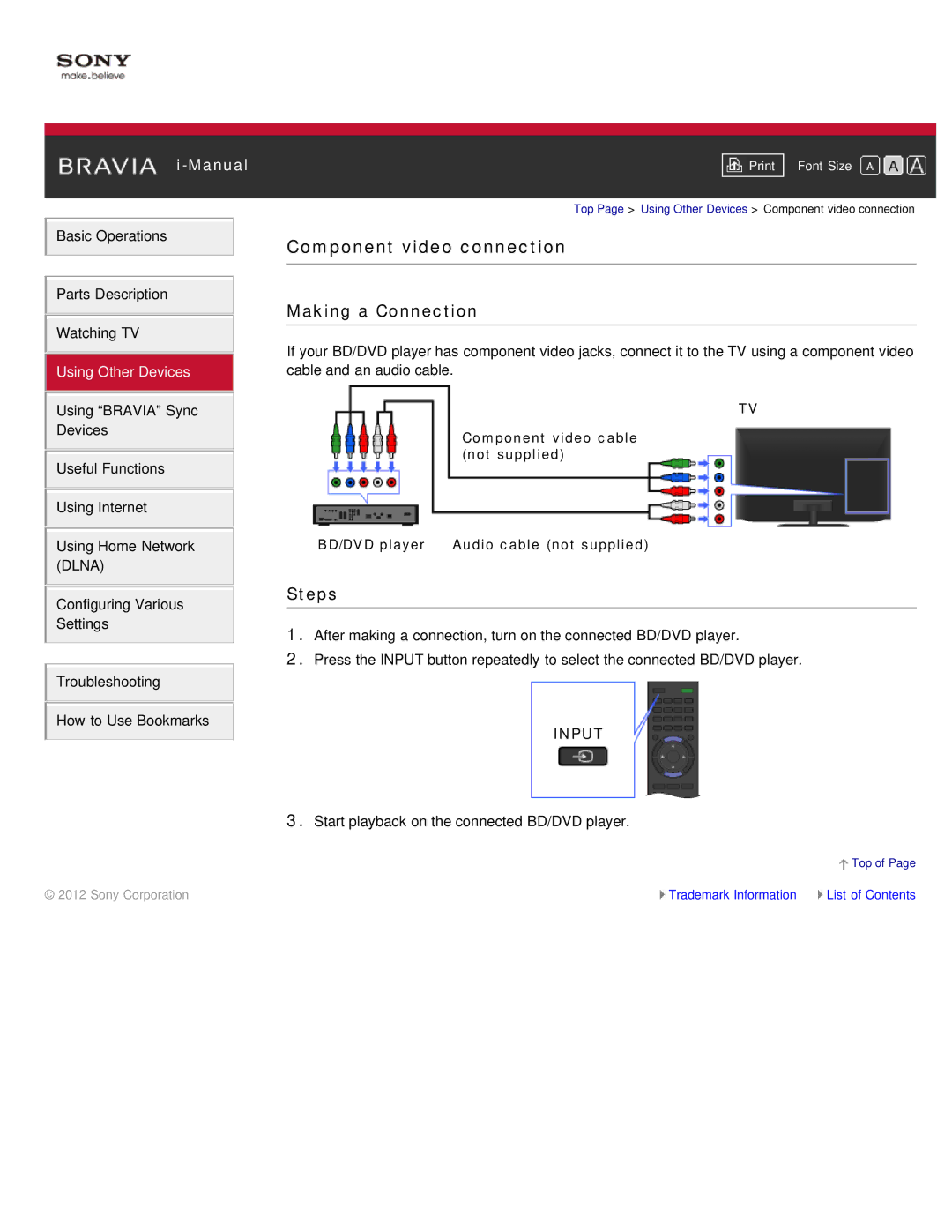 Sony KDL-46HX850, KDL-55HX850 manual Component video connection 