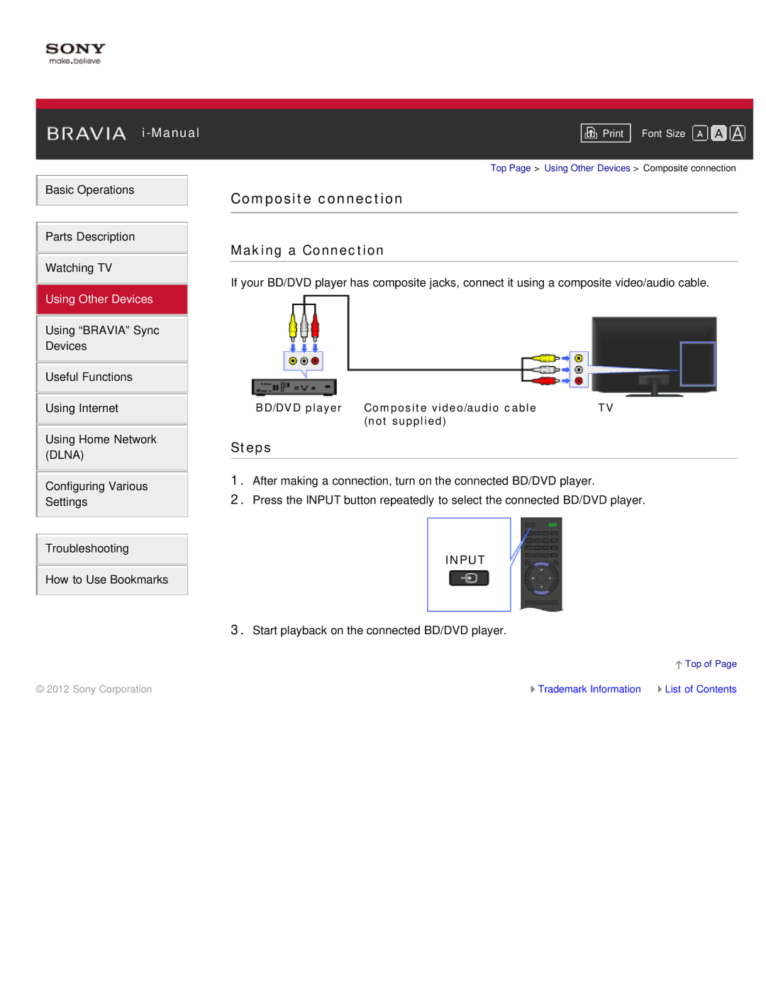 Sony KDL-55HX850, KDL-46HX850 manual Composite connection, BD/DVD player Composite video/audio cable Not supplied 