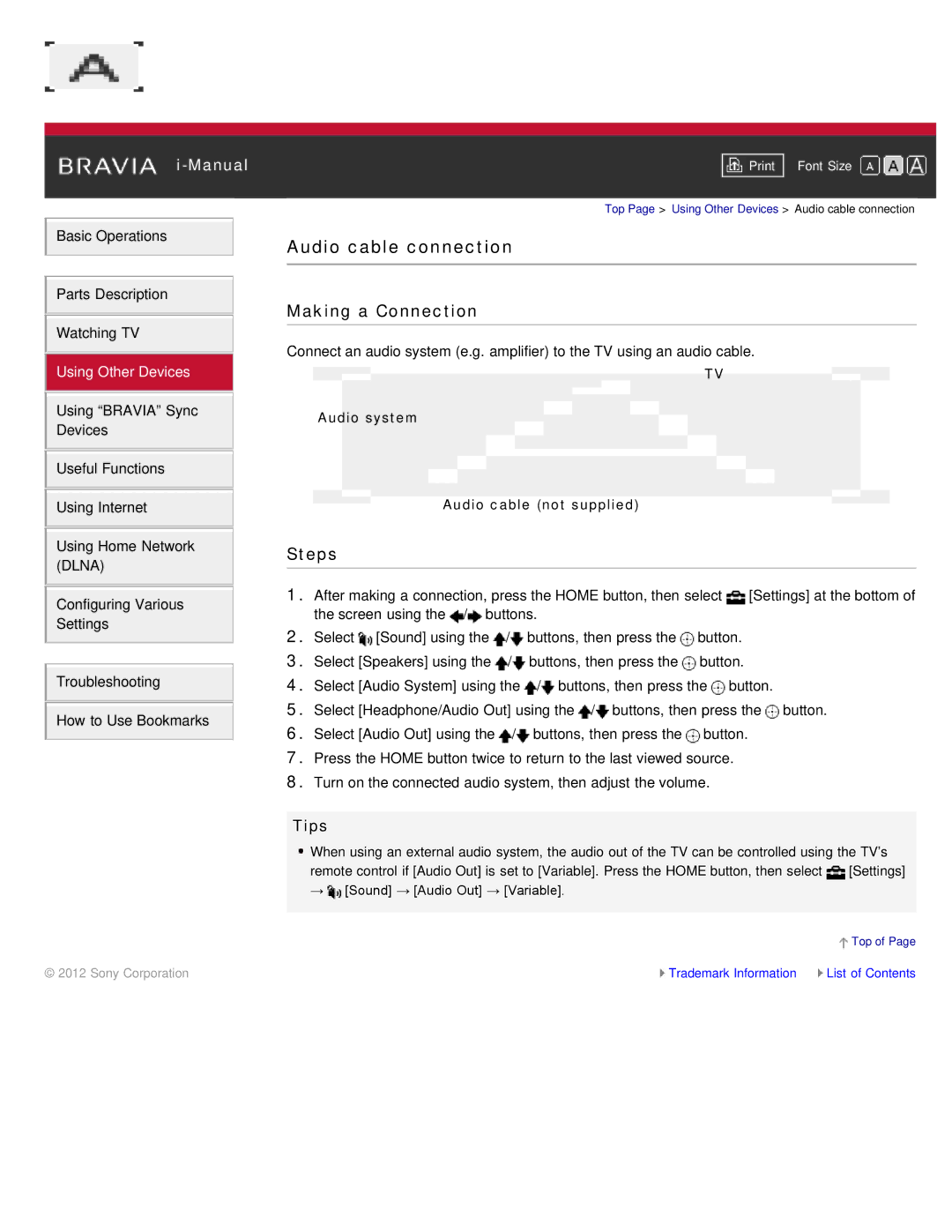 Sony KDL-46HX850, KDL-55HX850 manual Audio cable connection, Audio system Audio cable not supplied 