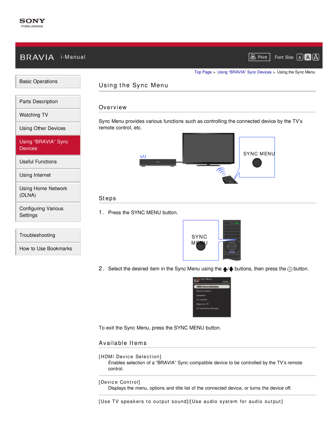 Sony KDL-55HX850, KDL-46HX850 manual Using the Sync Menu, Available Items, Hdmi Device Selection, Device Control 