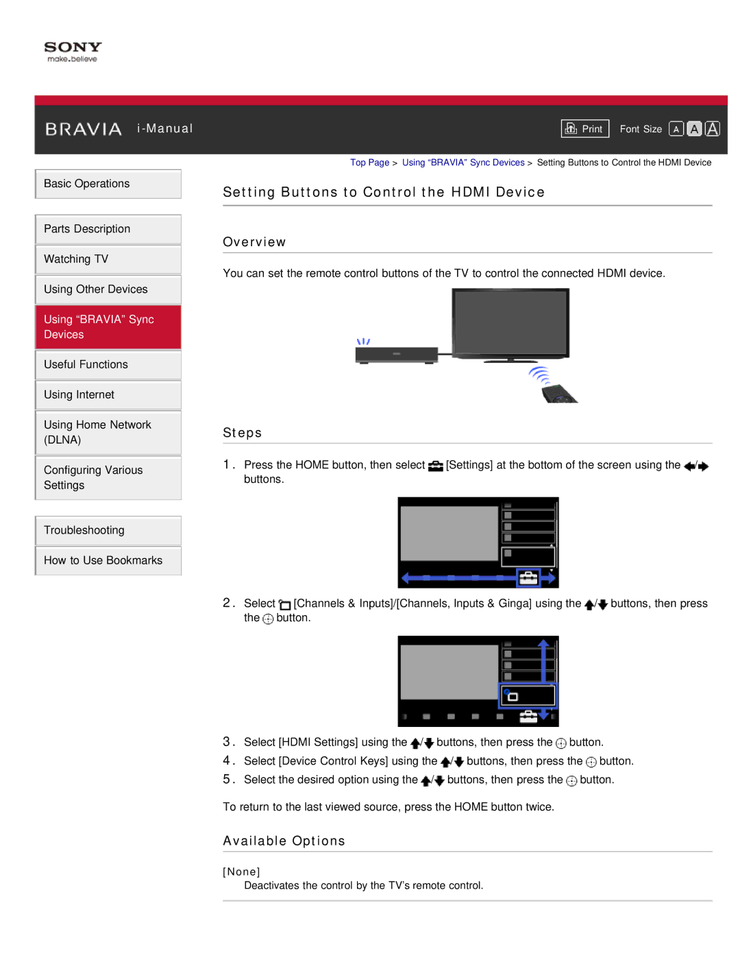 Sony KDL-55HX850, KDL-46HX850 manual Setting Buttons to Control the Hdmi Device, None 