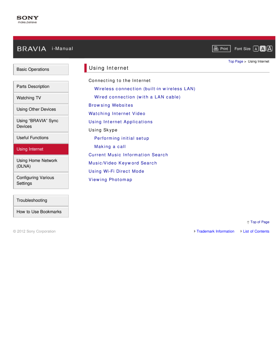 Sony KDL-46HX850, KDL-55HX850 manual Using Internet, Connecting to the Internet, Using Skype 