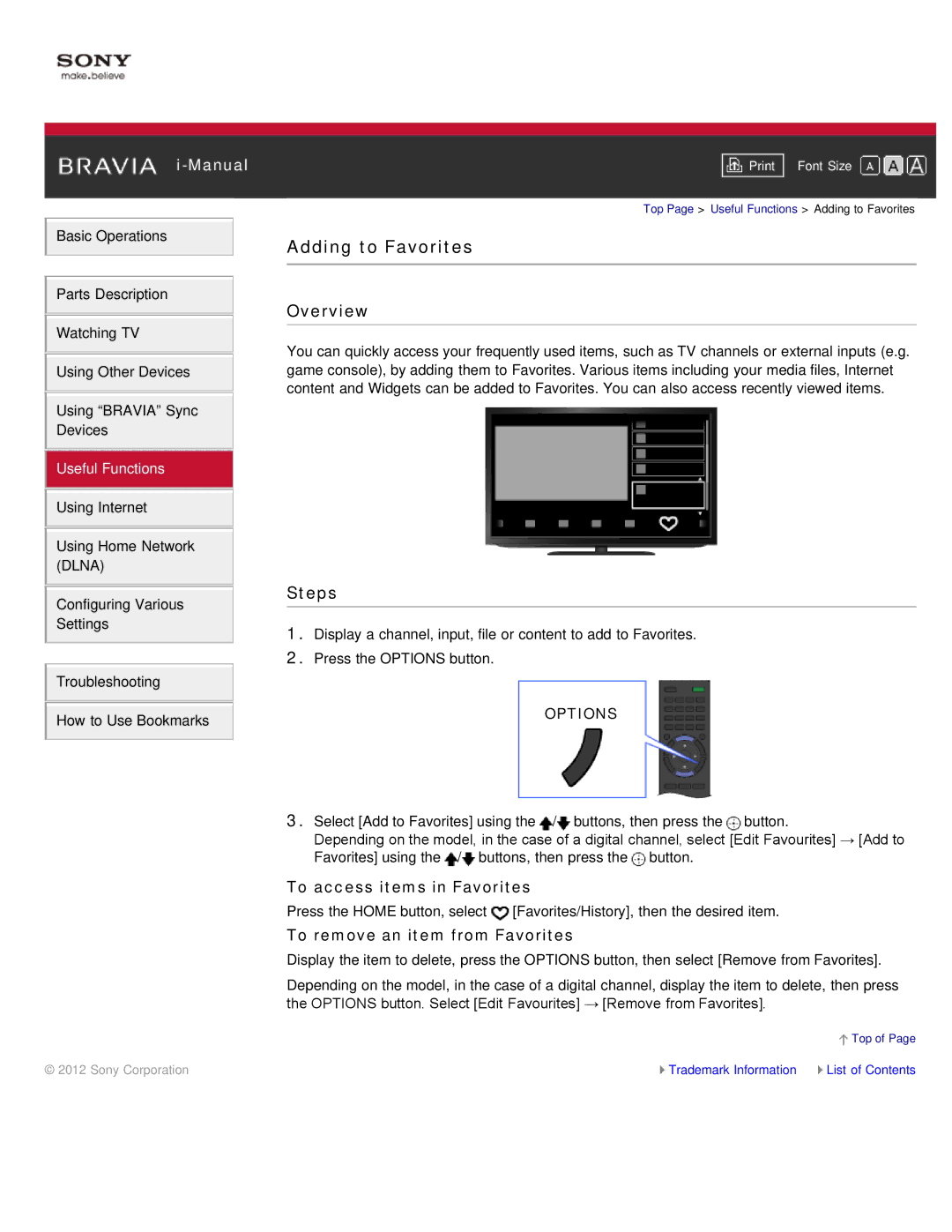 Sony KDL-55HX850, KDL-46HX850 manual Adding to Favorites, To access items in Favorites, To remove an item from Favorites 