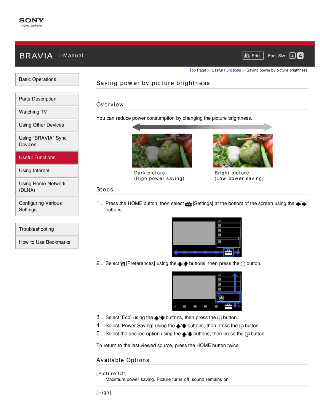 Sony KDL-46HX850 manual Saving power by picture brightness, Dark picture Bright picture High power saving, Picture Off 