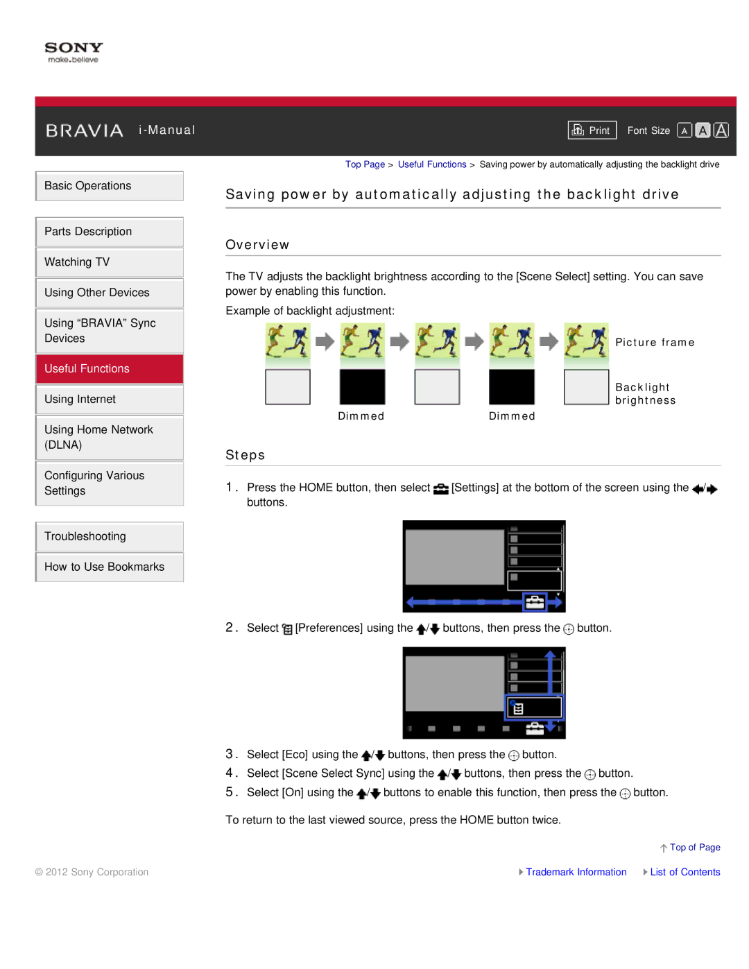 Sony KDL-46HX850, KDL-55HX850 manual Saving power by automatically adjusting the backlight drive 