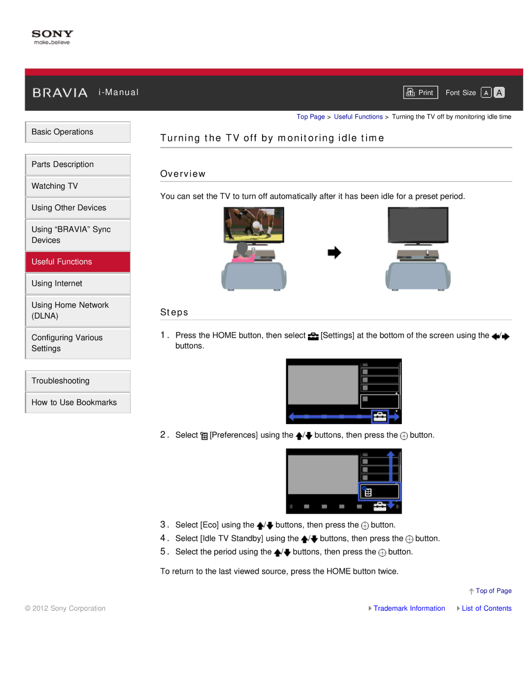 Sony KDL-55HX850, KDL-46HX850 manual Turning the TV off by monitoring idle time 