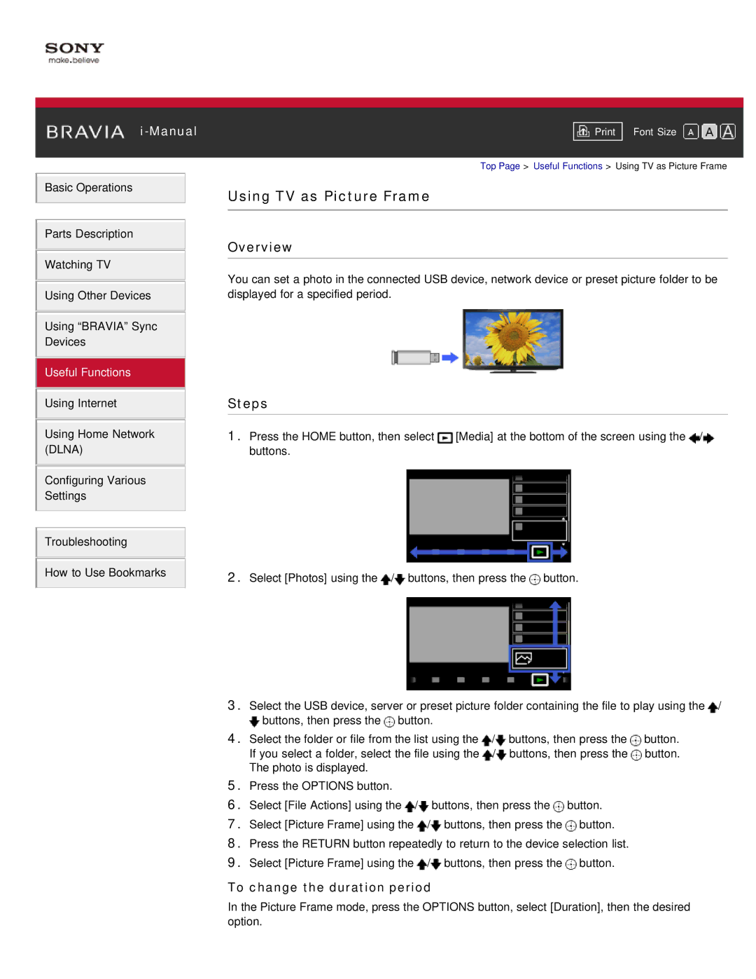 Sony KDL-55HX850, KDL-46HX850 manual Using TV as Picture Frame, To change the duration period 