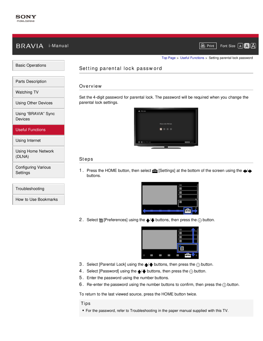 Sony KDL-55HX850, KDL-46HX850 manual Setting parental lock password, Tips 