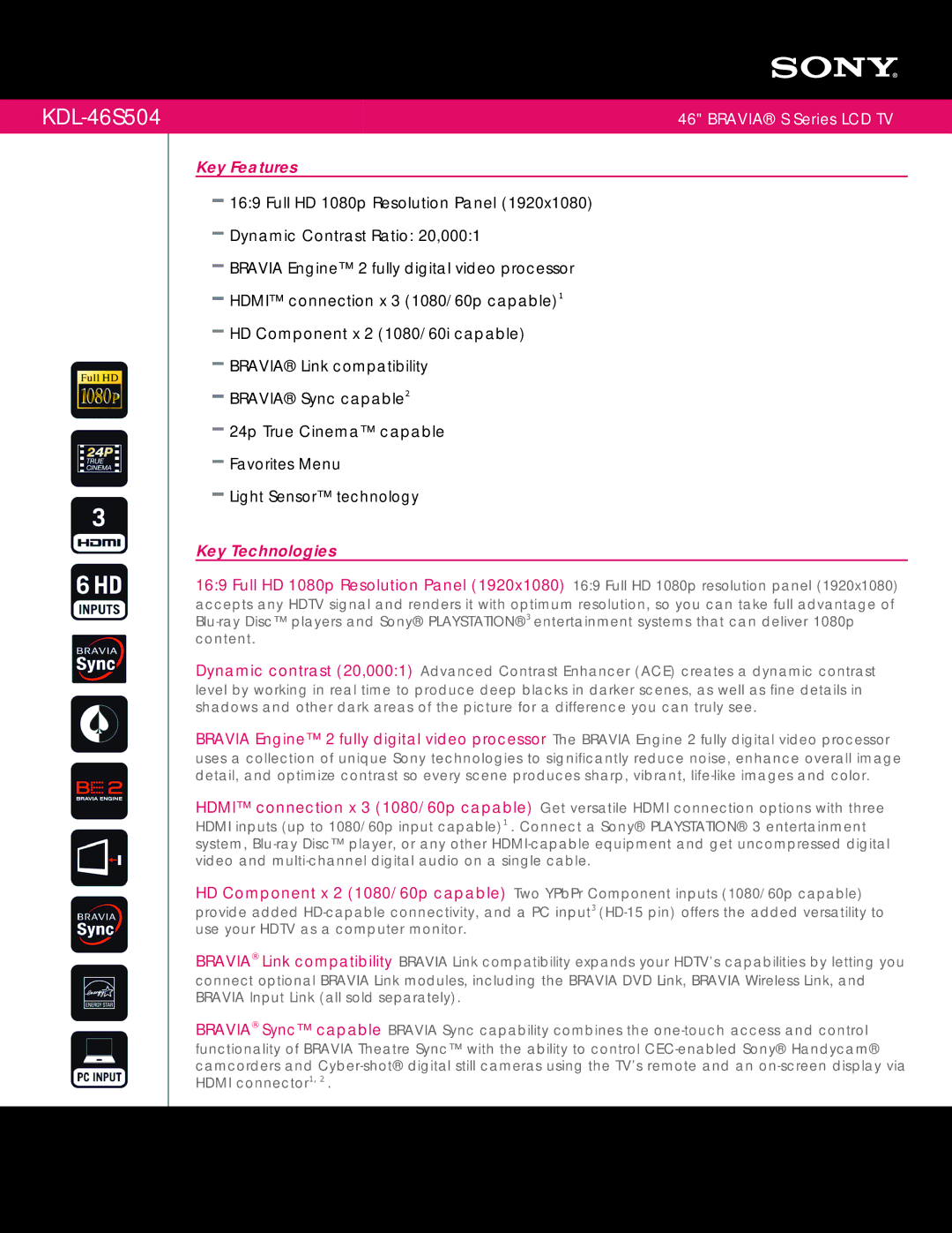 Sony KDL-46S504 manual Key Features, Key Technologies 