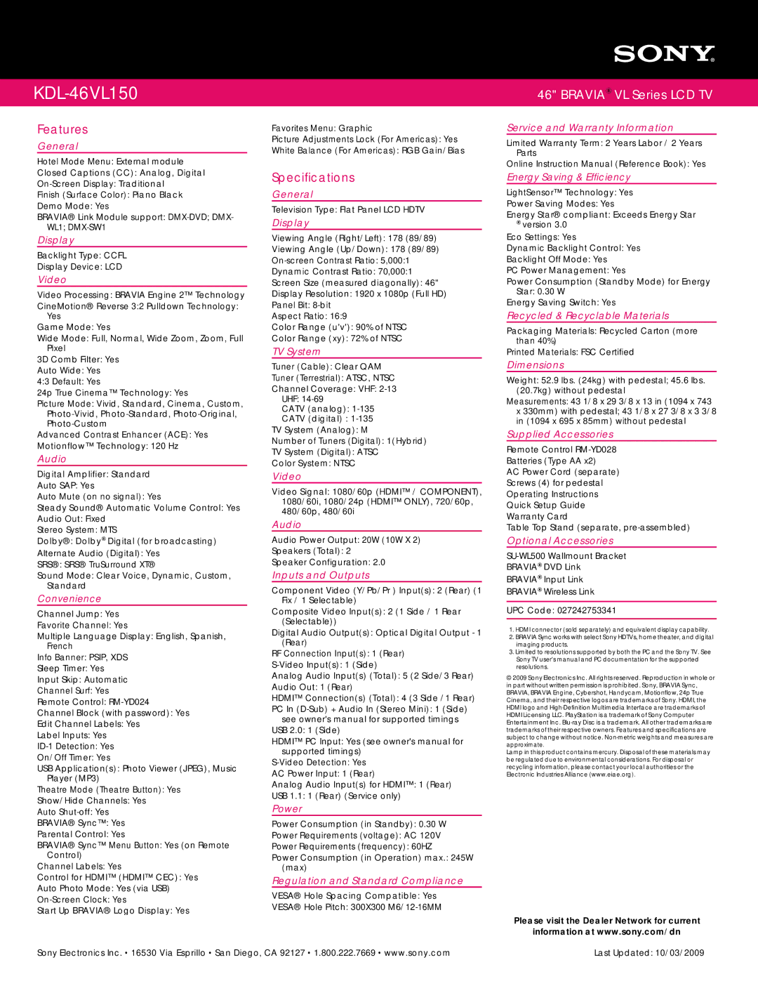 Sony KDL-46VL150 manual Features, Specifications 