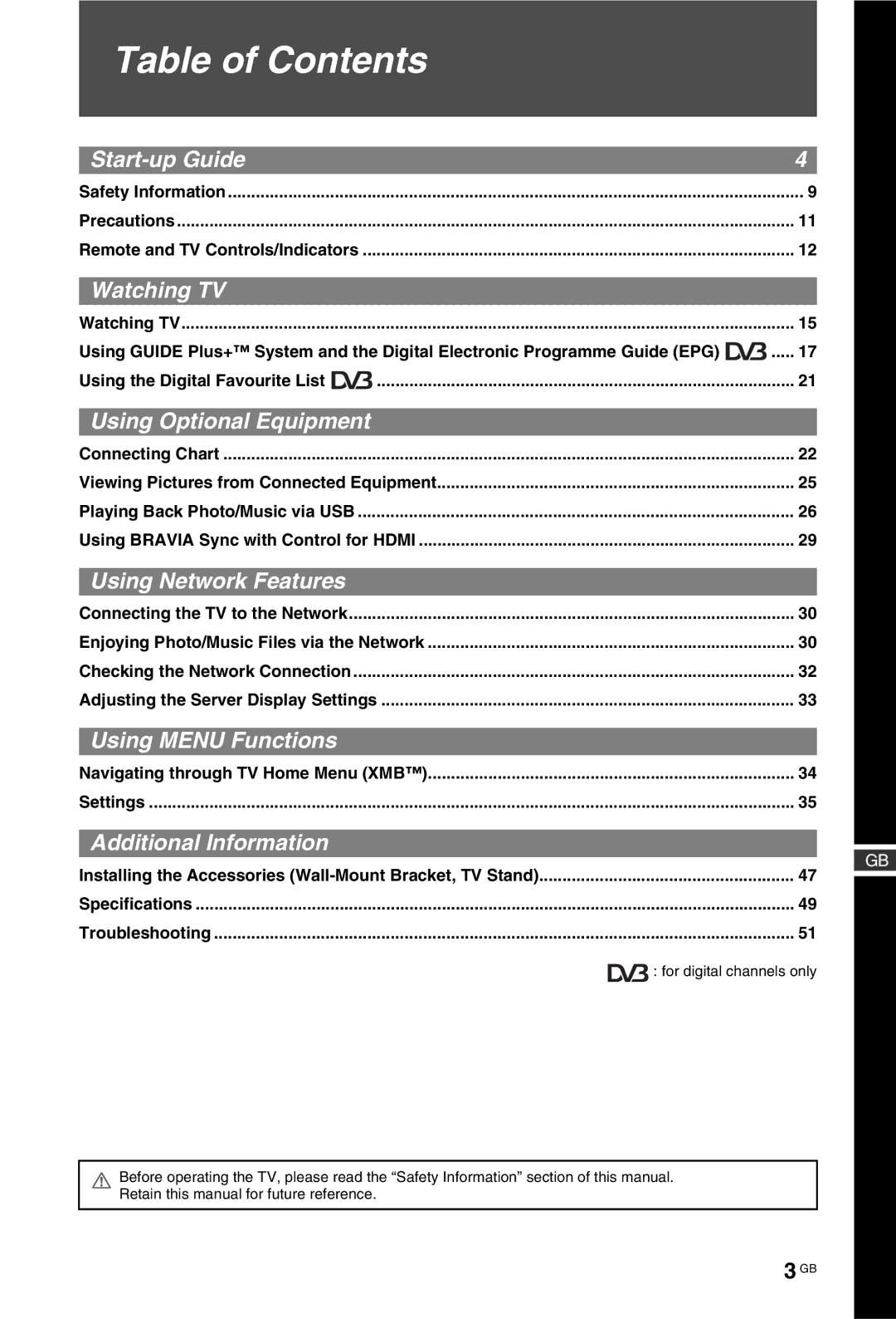 Sony KDL-46W4500, KDL-52W4500, KDL-40W4500 installation instructions Table of Contents 