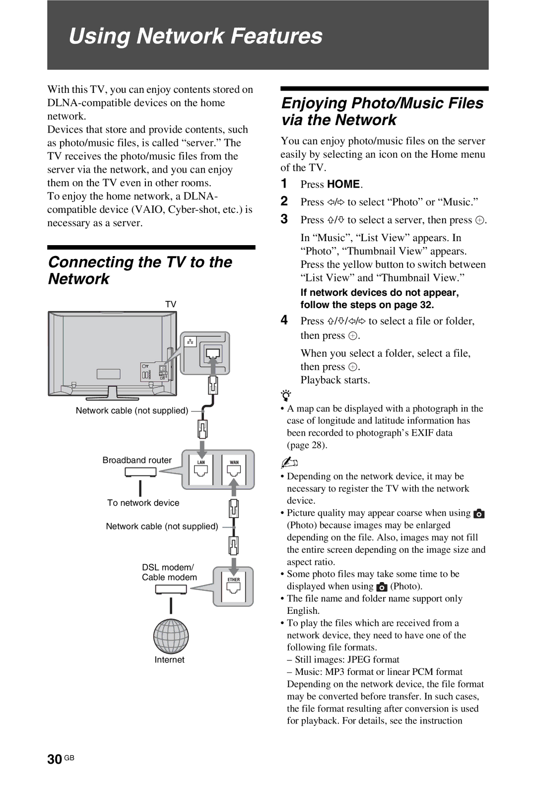 Sony KDL-46W4500, KDL-52W4500 Using Network Features, 30 GB, If network devices do not appear, follow the steps on 