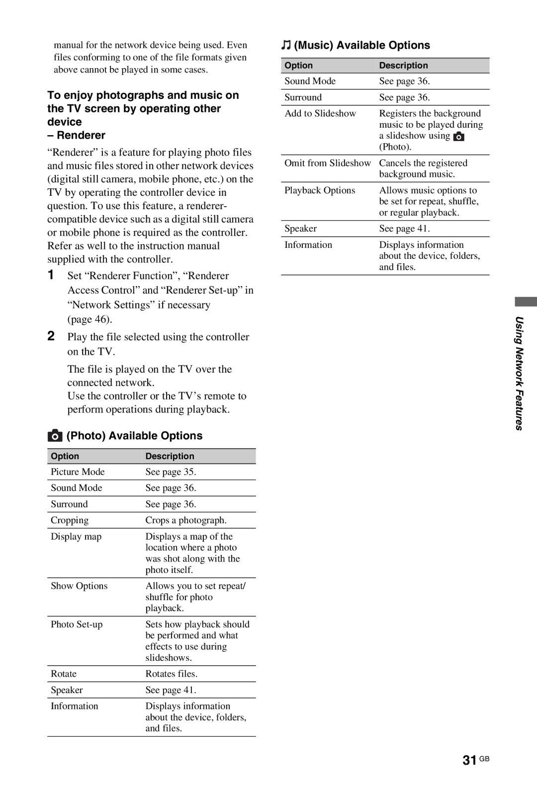 Sony KDL-52W4500, KDL-46W4500, KDL-40W4500 installation instructions 31 GB, Photo Available Options 