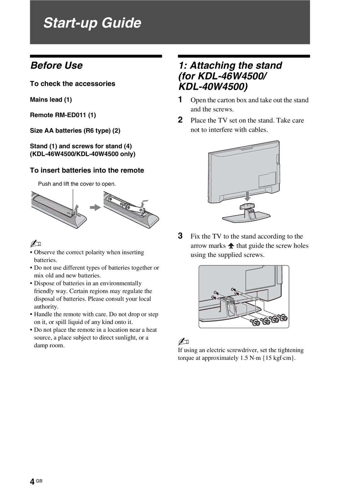 Sony KDL-52W4500, KDL-46W4500 Start-up Guide, Before Use, To check the accessories, To insert batteries into the remote 