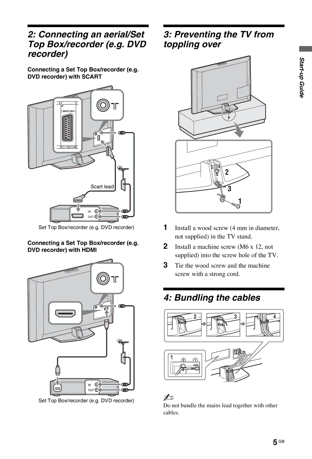 Sony KDL-40W4500, KDL-46W4500, KDL-52W4500 Preventing the TV from toppling over, Bundling the cables 