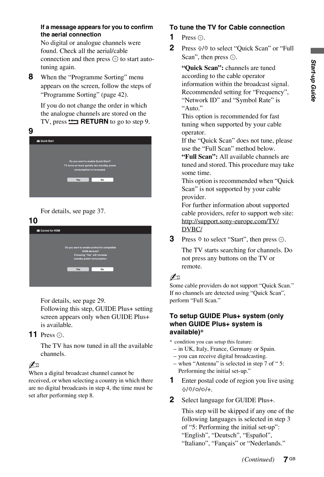 Sony KDL-52W4500, KDL-46W4500, KDL-40W4500 installation instructions To tune the TV for Cable connection, Quick Start 