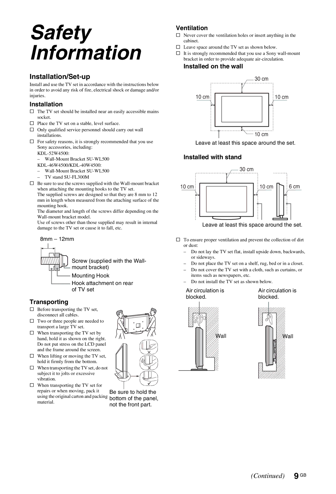 Sony KDL-46W4500, KDL-52W4500, KDL-40W4500 installation instructions Installation/Set-up 