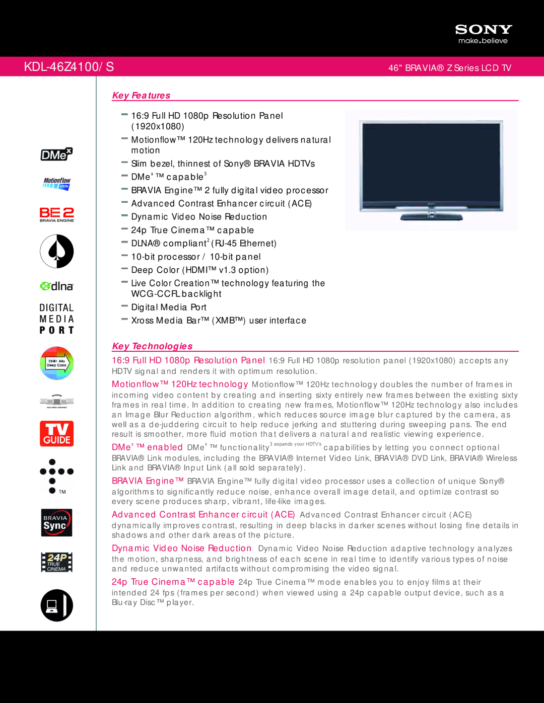 Sony KDL-46Z4100/S manual Key Features, Key Technologies 