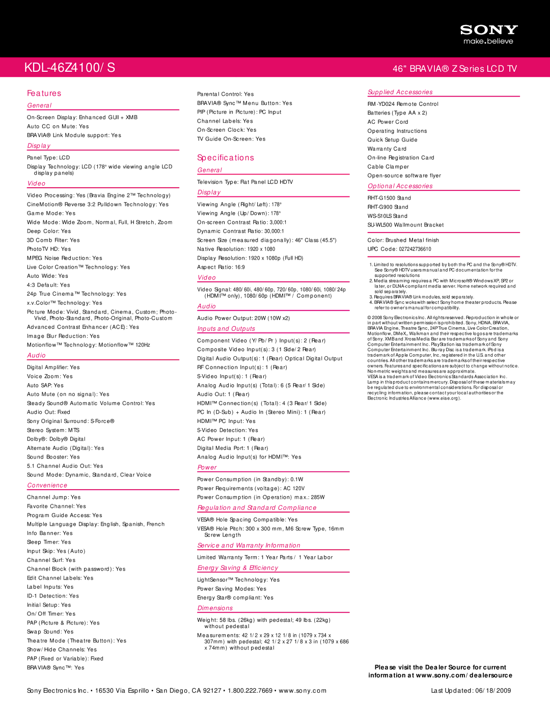 Sony KDL-46Z4100/S manual Features, Specifications 