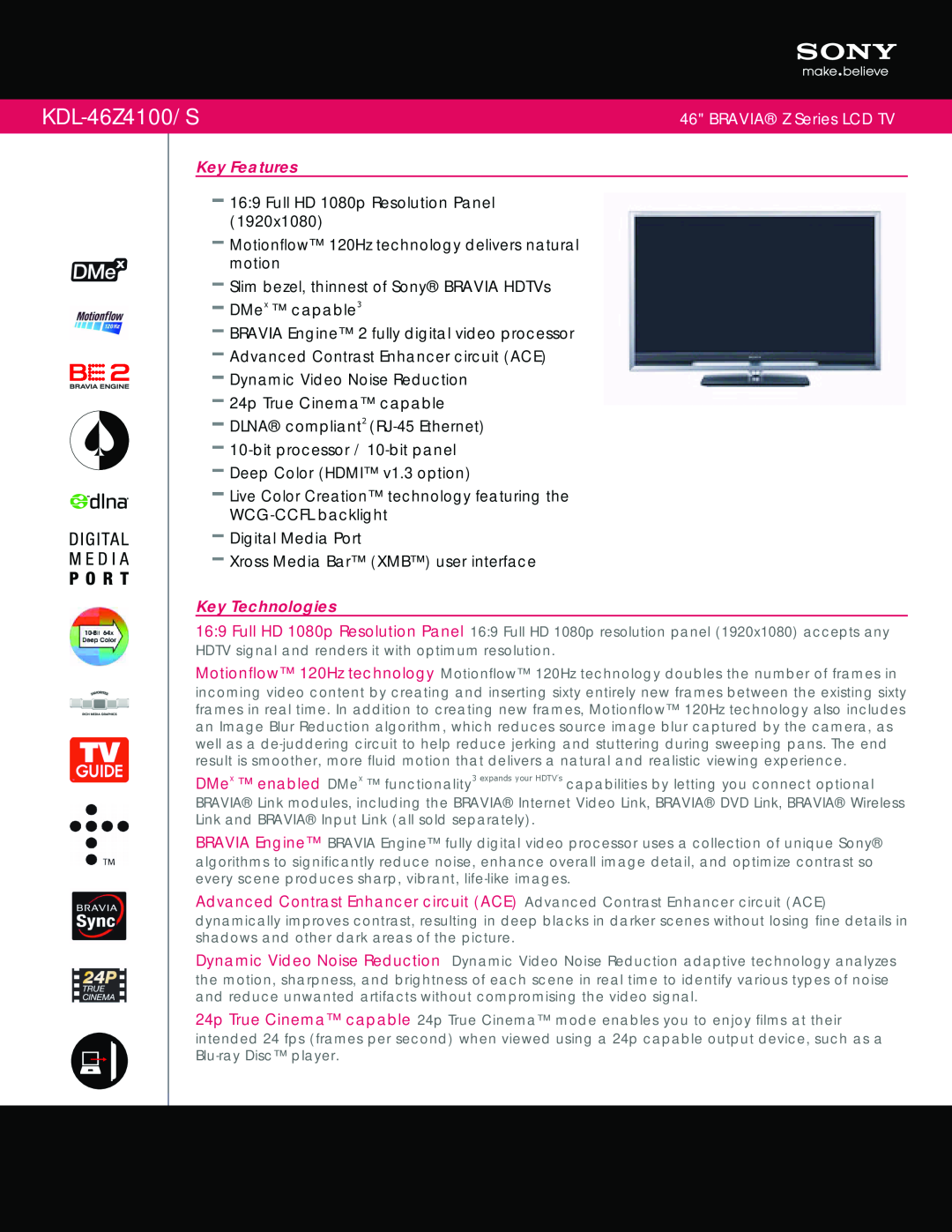 Sony KDL-46Z4100/S manual BRAVIA Z Series LCD TV, Key Features, Full HD 1080p Resolution Panel, Key Technologies 