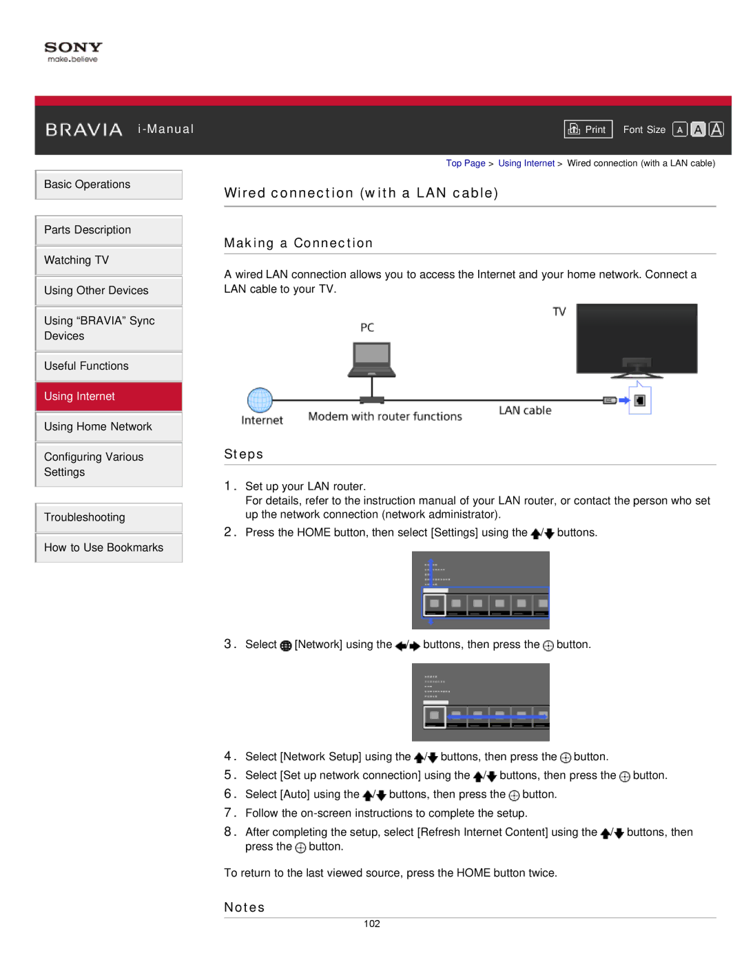 Sony KDL-47W802A manual Wired connection with a LAN cable 